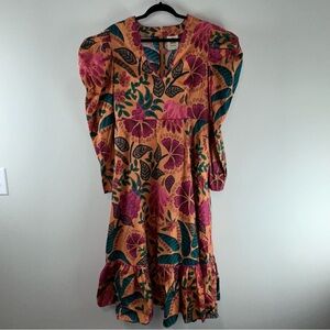 FARM Rio Beaded Macaw Puff Sleeve Women Midi Dress Size L